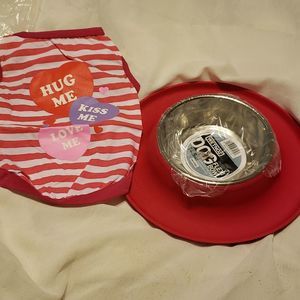 New with tags med doggie shirt and stainless steel bowl  with silicon holder
